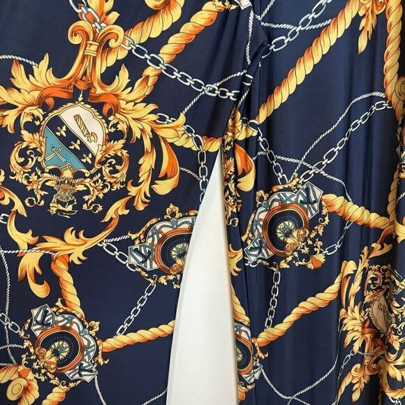 Fashion Nova Printed Soft Stretch Palazzo Wide Leg Pull-On Pants Navy Gold Small - Picture 2 of 5